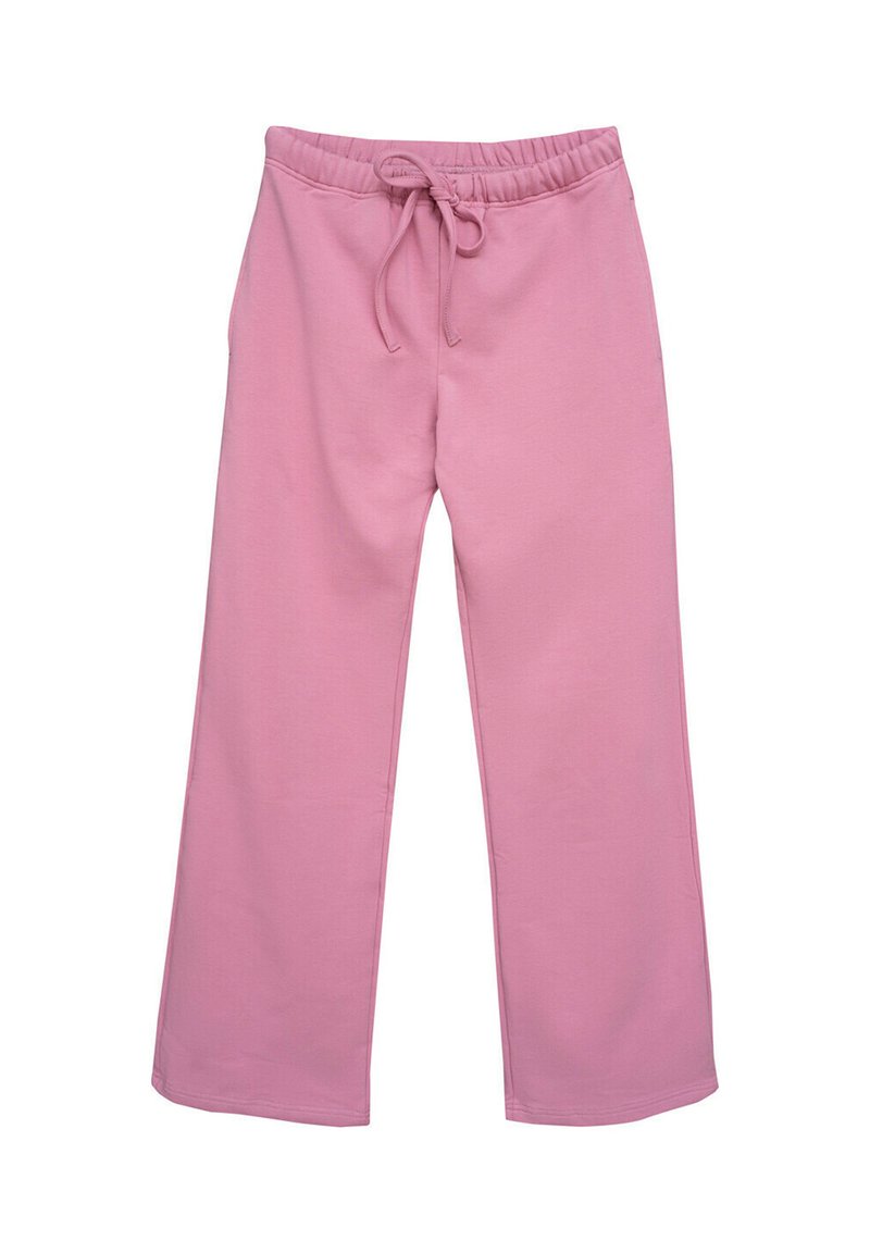 Jasnoróżowe spodnie dresowe z elastycznym pasem, sznurkiem, szerokimi nogawkami i gładką fakturą. Brak widocznych kieszeni lub dodatkowych detali.