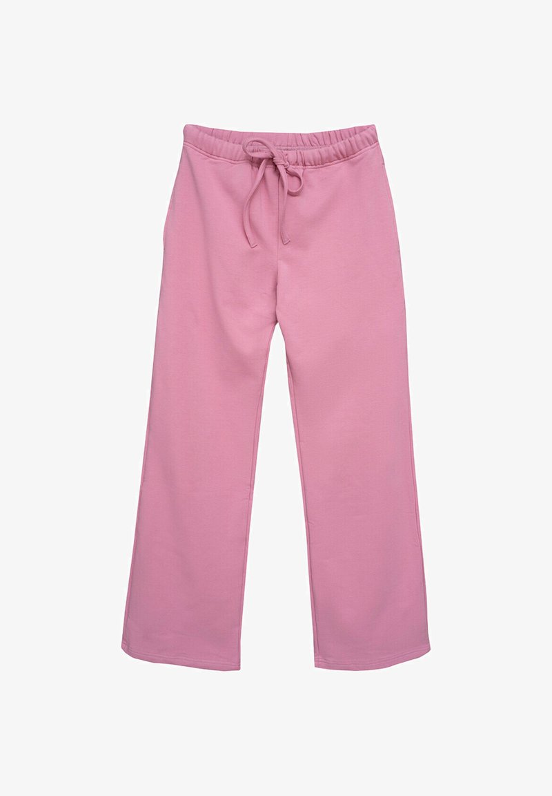 Jasnoróżowe spodnie dresowe z elastycznym pasem, sznurkiem, szerokimi nogawkami i gładką fakturą. Brak widocznych kieszeni lub dodatkowych detali.