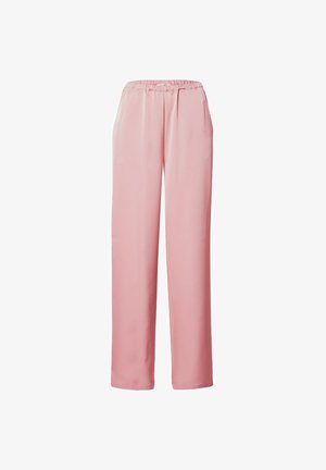 Rosa, weitgeschnittene Hose aus glattem Stoff mit elastischem Bund. Sie ist locker geschnitten und hat keine auffälligen Muster oder Akzente.