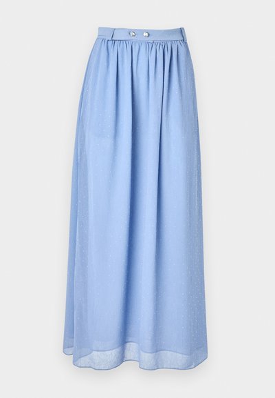 Világoskék maxi szoknya áttetsző anyagból, behúzott derékkal, ezüst gomb részletekkel és apró fehér pöttyökből álló diszkrét mintával.