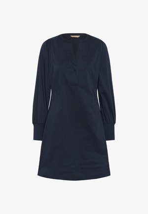 Tume sinine pika varrukaga tunika kleit ümmarguse kaelusega, ühe nupu au kas pealne ja hellitatud mansetid varrukatel.