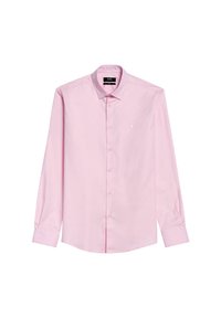 Koszula z długim rękawem zapinana na guziki w jasnoróżowym kolorze z klasycznym kołnierzykiem, prostym dołem i małym haftowanym logiem na piersi.