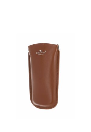 Brown leather eyeglass case with curved edges and white "Golden Head Germany" logo centered near the top.