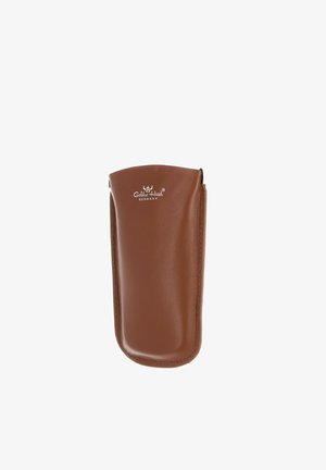 Brown leather eyeglass case with curved edges and white "Golden Head Germany" logo centered near the top.