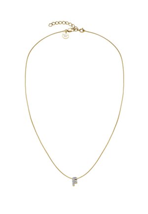 Collana in metallo color oro con una catena sottile e un pendente a forma di lettera "F", decorato con piccole strass trasparenti. Lunghezza regolabile con chiusura.