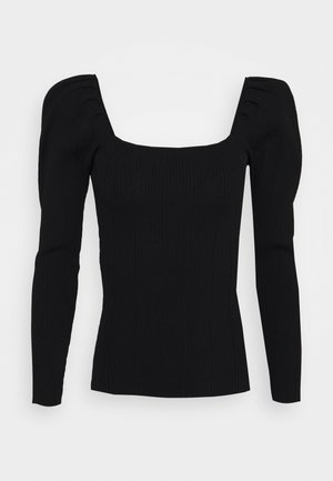 Czarna prążkowana bluzka z długim rękawem, bufkami na ramionach i szerokim kwadratowym dekoltem, dopasowany fason.