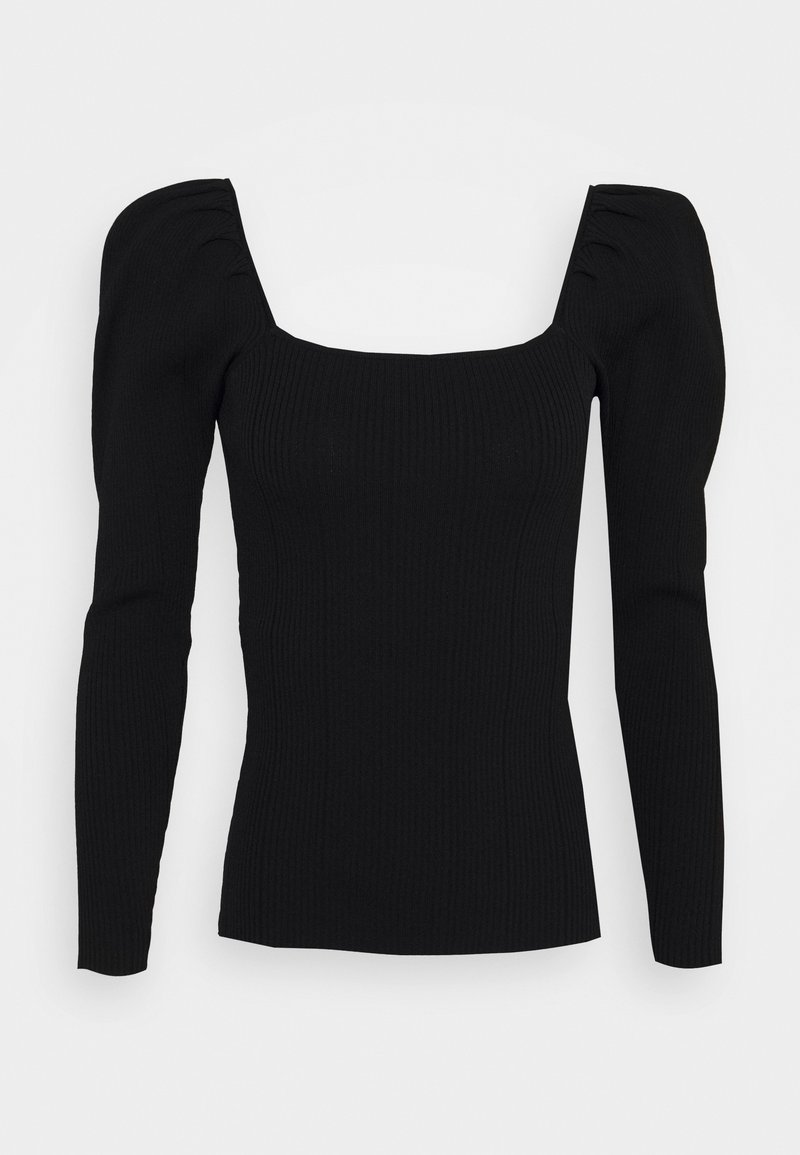 Haut noir à manches longues côtelées avec épaules bouffantes et encolure carrée large, silhouette ajustée.