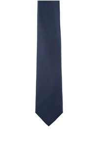 Cravate en soie bleu marine avec une texture lisse, dotée d'une pointe et d'un motif côtelé subtil pour un détail supplémentaire.
