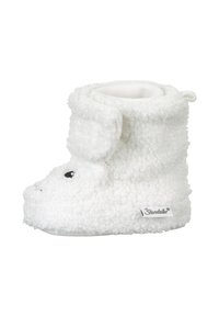 Weiße Plüschschuhe mit einer flauschigen Textur, runden Zehen und kleinen schwarzen Augen. Enthält eine umschlagbare Klappe und ein Markenlogo an der Seite.