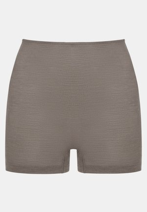 High-waisted grey shorts made of ribbed fabric, featuring a smooth texture and no visible seams, with a thigh-length cut.