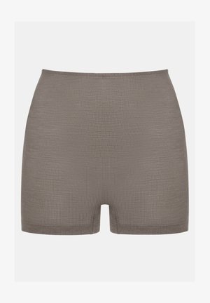 High-waisted grey shorts made of ribbed fabric, featuring a smooth texture and no visible seams, with a thigh-length cut.