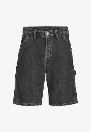 Zwarte denim shorts met een vervaagde textuur, vijf zakken, metalen knoopsluiting en riemlussen, met een rechte snit en een lengte tot halverwege de dij.