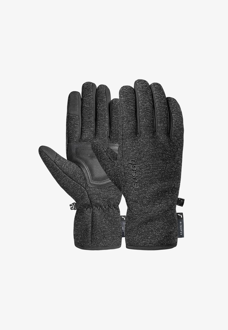 Zwarte handschoenen van textiel met leren accenten op de handpalmen en vingertoppen. Voorzien van verstelbare manchetten en branding op de pols.