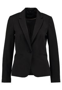 Černý blazer s klopou, zapínáním na knoflíky, dvěma předními kapsami a přiléhavým střihem. Hladká tkanina s jemným leskem.