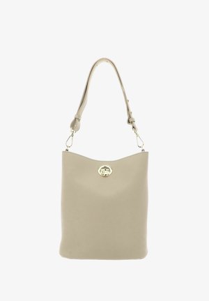 Borsa a tracolla in pelle beige con tracolla regolabile e chiusura a girello circolare in metallo dorato.