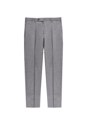 Pantalons gris sur mesure en tissu texturé, design à jambe droite, fermeture à bouton et détails de pli à l'avant pour une apparence formelle.