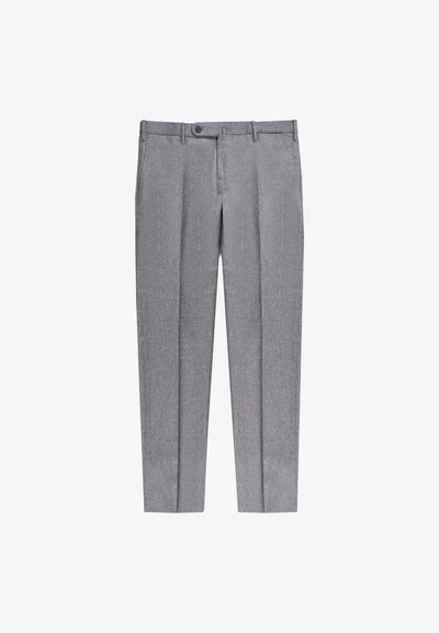 Grau maßgeschneiderte Hose aus strukturierter Stoff, mit geradem Bein, Knopfverschluss und Faltendetail entlang der Vorderseite für ein formelles Erscheinungsbild.