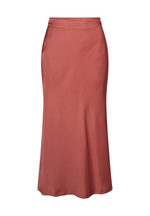 Rustkleurige satijnen midi-jurk met een gladde textuur, aangesloten taille en uitlopende silhouet. Geen zichtbare patronen of versieringen.