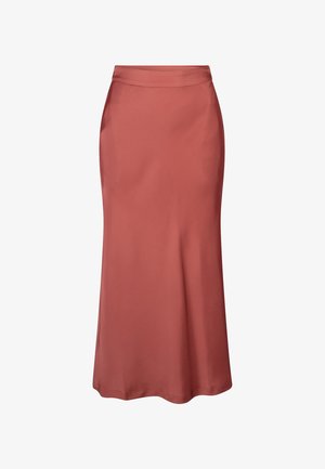 Rust-colored satin midi skirt with a smooth texture, fitted waist, and flared silhouette. No visible patterns or embellishments.