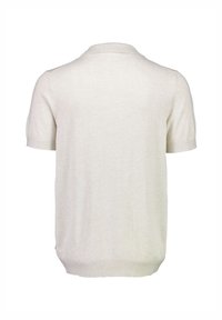 Kortärmad, ljusbeige stickad polo. Har en ribbad krage och muddar, med en mjuk yta. Inga synliga logotyper eller mönster.