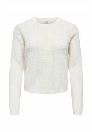 Hvid strikket cardigan med rund hals, knappelukning og tekstureret mønster med diskrete diamantformer over det hele.