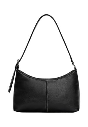Sac à main en cuir noir avec une bandoulière unique, une couture verticale au centre et une languette de fermeture éclair sur le côté gauche.
