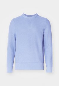 Light blue knit sweater with a crew neck, textured pattern, ribbed cuffs and hem, and side slits for ease of movement.