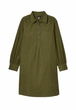 Olivgrünes Kleid aus weichem Stoff, mit Kragen, Knopfleiste, gerafften Schultern und langen Puffärmeln.