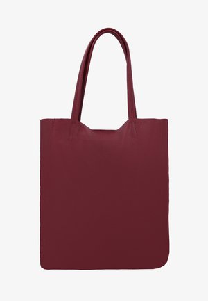 Dunkelrote Ledertasche mit langen doppelten Griffen und strukturiertem Finish, entworfen zum Tragen in der Hand oder über der Schulter.