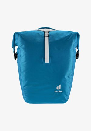 Blauer Rucksack aus strukturiertem Stoff, mit einem zentralen weißen Reißverschluss, verstellbaren Trägern und einem auffälligen Logo unten rechts.