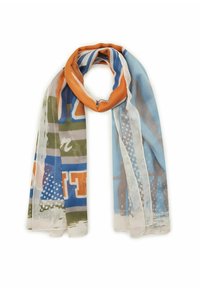 Écharpe imprimée en tissu léger et transparent avec un mélange de couleurs orange, bleu, vert et beige, affichant des motifs et formes abstraits.