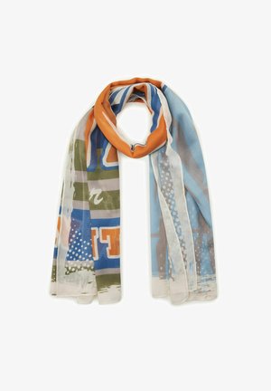 Écharpe imprimée en tissu léger et transparent avec un mélange de couleurs orange, bleu, vert et beige, affichant des motifs et formes abstraits.