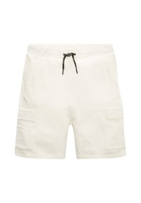 Shorts cargo blancs avec une taille élastique et un cordon de serrage, dotés de deux poches latérales et de deux poches cargo sur les cuisses.