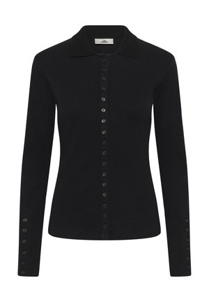 Čierny priliehavý kardigán s dlhými rukávmi, klasickým golierom a zapínaním na gombíky na prednej strane a na manžetách, vyrobený z rebrovaného úpletu.