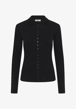 Must mustaga, pikkade varrukatega, ülikitsas karvake, klassikalise kraega ja nööpidega esiküljel ja mansettide peal, valmistatud soonikpärgidest.