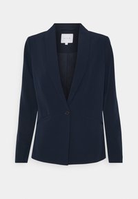 Navyblå damesblazer med lange ærmer, reverskrave med hak, enkelt knaplukning og to forlommer.