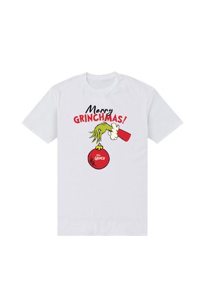 Biały bawełniany t-shirt z grafiką zawierającą czerwony tekst „Wesołych Grinchmas!” oraz ilustracją Grincha trzymającego ozdobę choinkową.