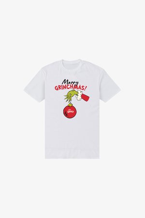 Maglietta bianca di cotone con grafica e testo rosso "Buon Grinchmas!" e un'illustrazione del Grinch che tiene un ornamento.