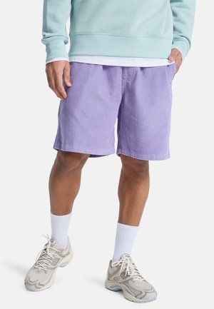 Mann trägt hellviolette Cordshorts, weiße Socken, beige Sneakers und ein hellblaues Sweatshirt mit Händen in den Taschen.