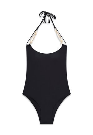 Maillot de bain noir une pièce avec noued au cou et chaînes dorées ornées de breloques étoiles et perles.