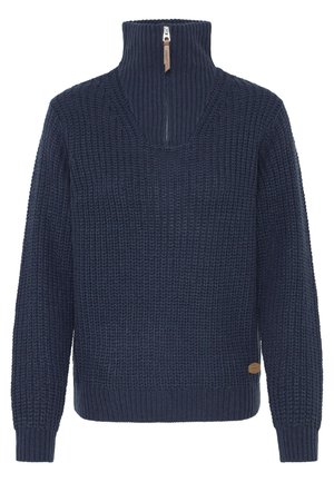Pull en maille texturée bleu marine avec des manches longues et un col côtelé haut, doté d'une fermeture éclair partielle avec une languette en cuir.