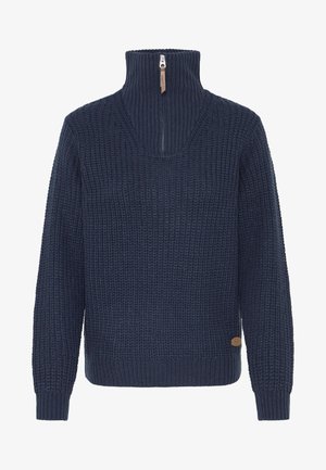 Tmavo modrý pletený sveter s textúrou, s dlhými rukávmi a vysokým ribovaným golierom, ktorý obsahuje čiastočný zips s koženým ťahákom.