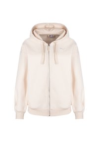 Felpa con zip in crema, con cappuccio regolabile, polsini a costine e un piccolo logo sul petto. Texture morbida e vestibilità comoda.