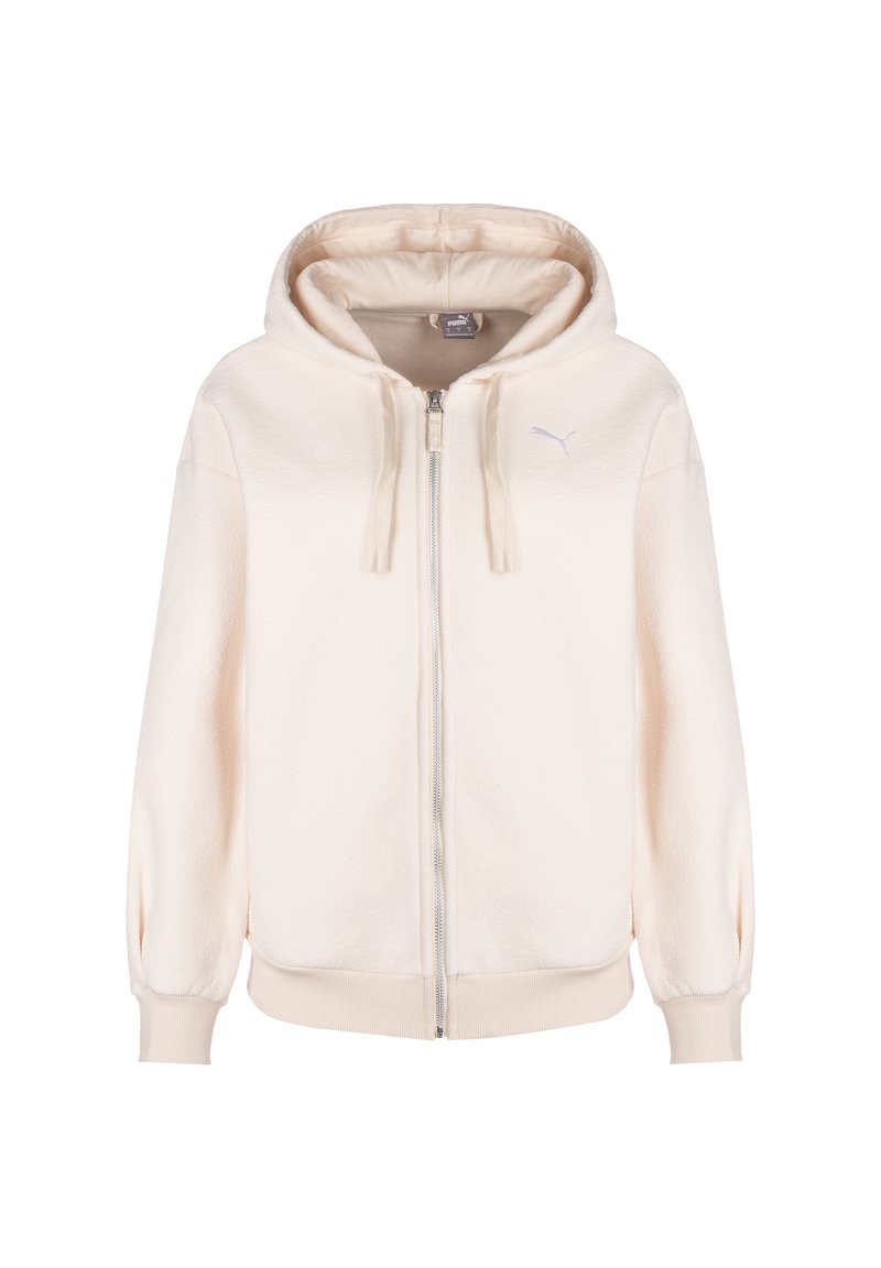 Felpa con zip in crema, con cappuccio regolabile, polsini a costine e un piccolo logo sul petto. Texture morbida e vestibilità comoda.