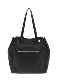 Zwarte neplederen tote bag met dubbele handvatten, slouchy ontwerp, een buitenzak met rits en metalen hardwareaccenten. Glad textuur.