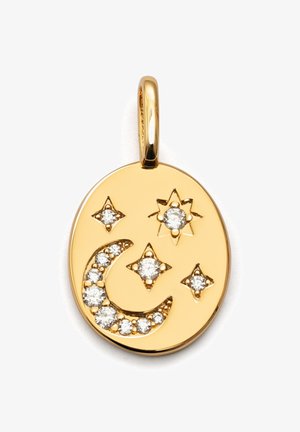 Złocony wisiorek o owalnym kształcie. Posiada motyw półksiężyca i gwiazd, ozdobiony przezroczystymi kamieniami szlachetnymi oraz polerowanym wykończeniem.