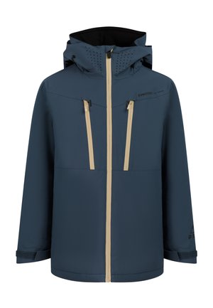 Veste d'hiver bleue à capuche avec fermetures éclair verticales beige sur le devant et la poitrine et poignets ajustables.