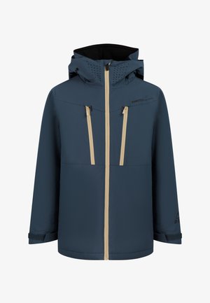 Blue hooded winter jacket with beige front and chest vertical zippers and adjustable cuffs.