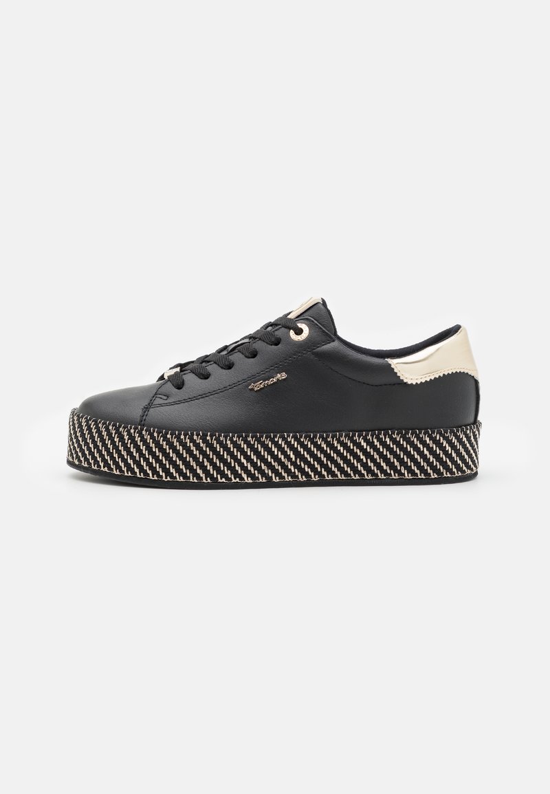 Mustad nahk-sneakerid kreemja aktsendiga kandadel, must-valgete triipudega platvormi tallaga ja mustade paeltega.
