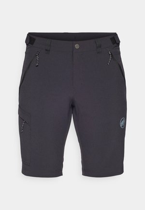 Dunkelgraue Outdoor-Shorts aus leichtem Material mit zwei Seitentaschen, einer Cargo-Tasche und einem Logo am linken Unterschenkel.